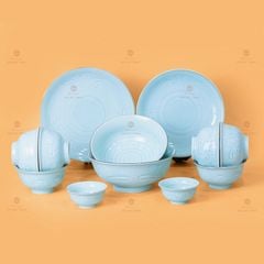 Bộ Bát Đĩa Men Xanh Ngọc Hoa Cúc Kẻ Nâu