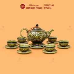 Bộ Ấm Chén Khắc Nổi Hoa Sen Nền Cổ